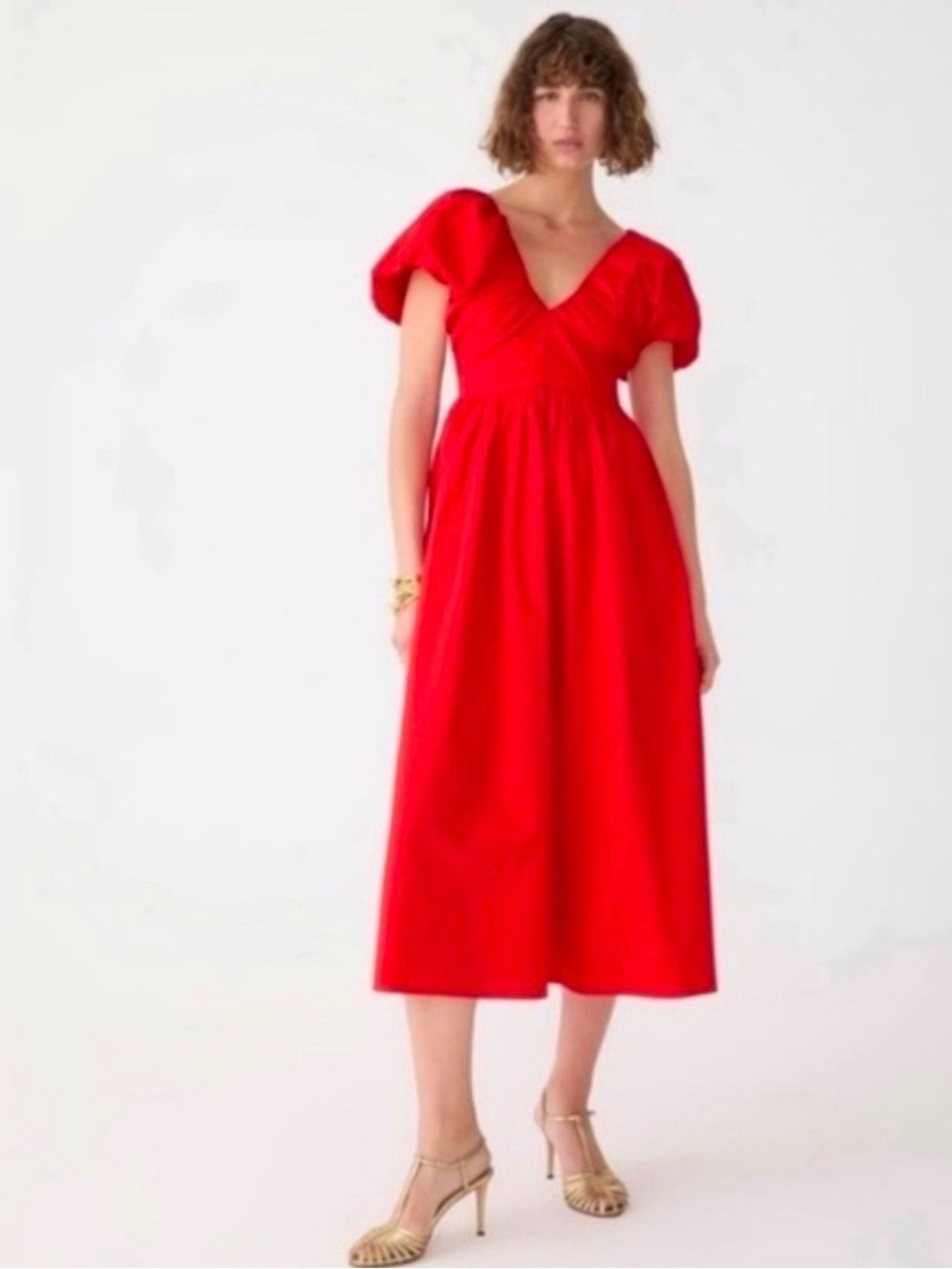 NWT J Crew- Red V-Neck Puff Sleeve Midi Dress